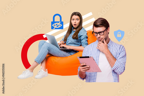 Creative collage young woman man cyber security concept defense antivirus padlock laptop digital device drawing backgroud