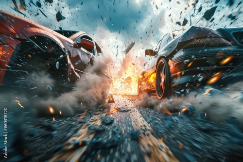 wide angle cinematic scene with the two cars smashing into each other's