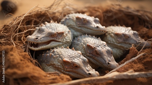 A close-up, detailed view of crocodile eggs hatching, with cracks in the shells and baby crocodiles emerging, set in a natural riverbank environment.