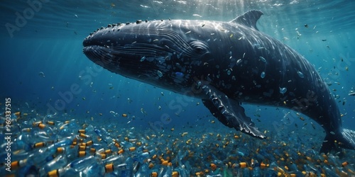 A whale is swimming in a sea of plastic bottles.