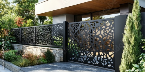 Modern metal fence with intricate pattern.