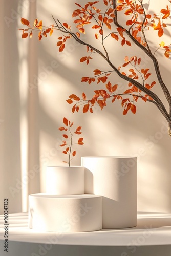 Beauty product advertisement: three sunlit white podiums with autumn leaves and shadows