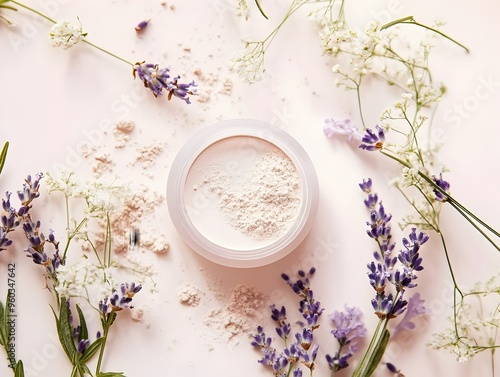 Soft Natural Powder Container Surrounded by Delicate Lavender and Chamomile Botanicals