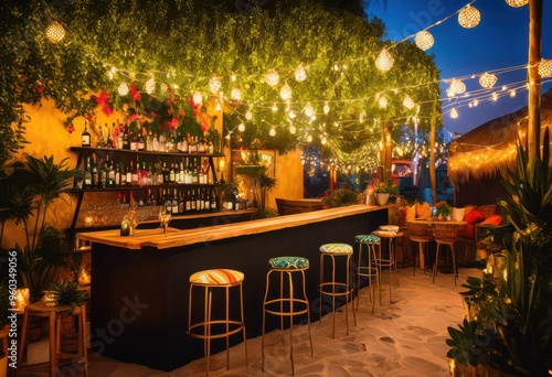 vibrant outdoor bar setup colorful lively festive eye catching furnishings perfect gathering space, decor, furniture, lighting, atmosphere, party, tropical