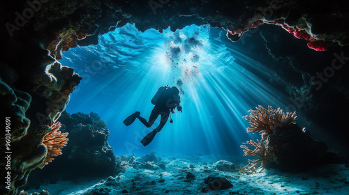 Silhouetted Diver Exploring Underwater Cave with Sunbeams