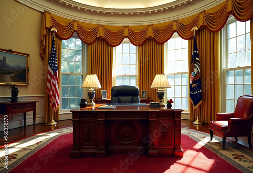 The Oval Office in the White House with Gold Curtains, Red Carpet and President's Desk