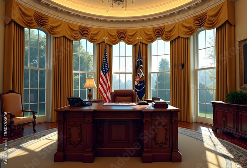 The Oval Office in the White House with Gold Curtains and View of the White House Grounds