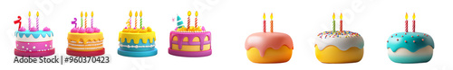 An element set of three 3D birthday cakes with a transparent background.