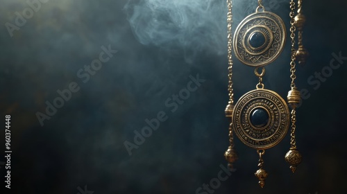 mysterious amulets and talismans on a dark backdrop, representing mysticism and occult practices ideal for banner backgrounds