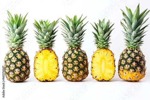 Ananas entier et coupés sur fond blanc avec une belle lumière 