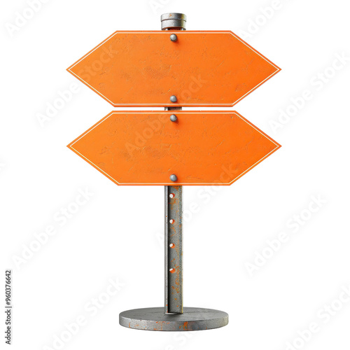 A vibrant orange blank directional sign on a metal post, ideal for customization or as a symbol of guidance and navigation.