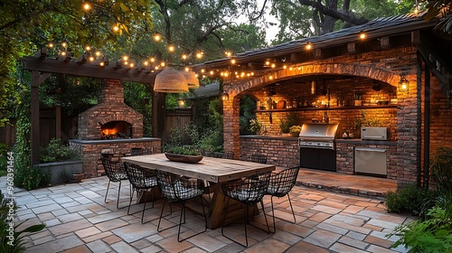 A charming alfresco dining patio with smooth stone pavers, a large rustic table surrounded by elegant chairs, an outdoor kitchen with a brick oven, warm string lights casting a soft glow,