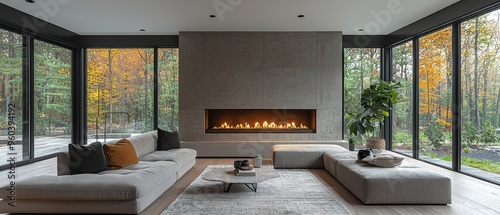 Serene Minimalist Living Room with Modular Seating and Fireplace.