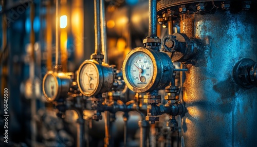 A close-up of industrial pressure gauges, showcasing intricate machinery in a factory setting.