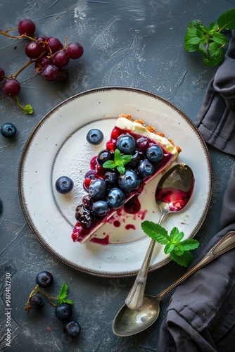 A slice of cheesecake with blueberry fruit in plate on table