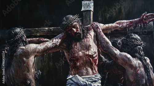 The Passion of Christ. A powerful portrayal of the crucifixion scene, emphasizing sacrifice and suffering.