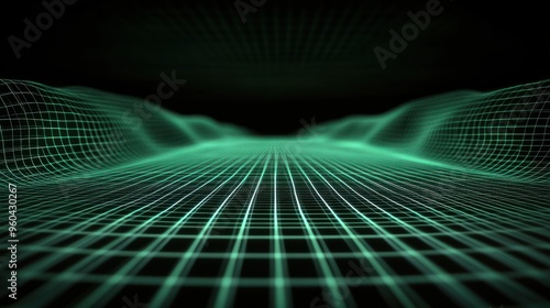 This is an abstract wireframe landscape perspective, with a realistic green grid pattern on a transparent black background. Retro futuristic virtual cyber space background, with a digital mesh