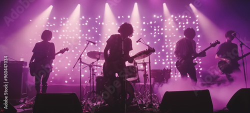 silhouette of pop rock band playing at musical festival on stage, guitarists and singer, illuminated background