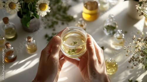 science preparing an organic essential oil with herbs and plants in a lab environment