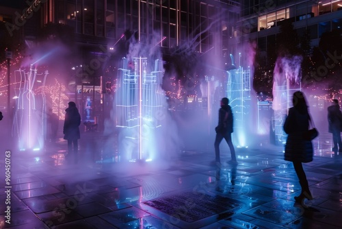 A dynamic performance art installation in an urban square features moving sculptures and interactive light displays, creating an immersive and futuristic public experience, unusualness explosion