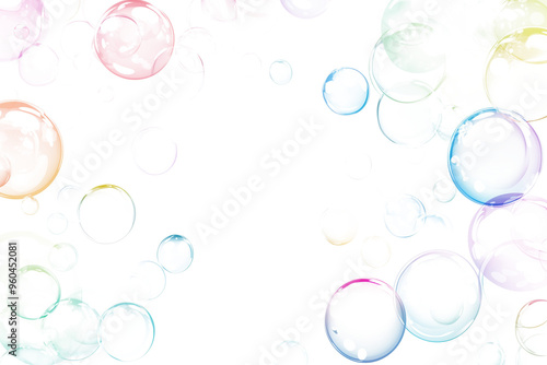 Dreamy multicolored bubbles, iridescent spheres, and translucent orbs floating in pastel hues with light refraction and delicate textures, isolated PNG on transparent background, bokeh abstract