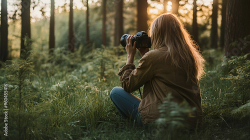 mujer en medio del bosque tomando fotografias y video de la vida salvaje de la flora y fauna del entorno fotografa profesional disfrutando 