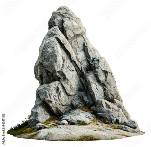 Large rugged rock formation with surrounding grass, cut out - stock png.