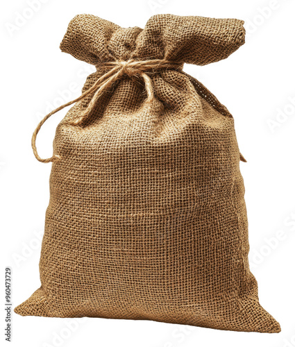 Natural burlap sack filled with various items, cut out - stock png.