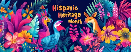 Colorful tropical birds and vibrant flora and fauna in an illustration to celebrate hispanic heritage month