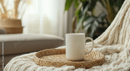 Uma cena de sala de estar aconchegante e convidativa, exibindo uma caneca branca colocada em uma bandeja de tecido, acompanhada por um cobertor de malha macio, enfatizando o conforto e o aconchego