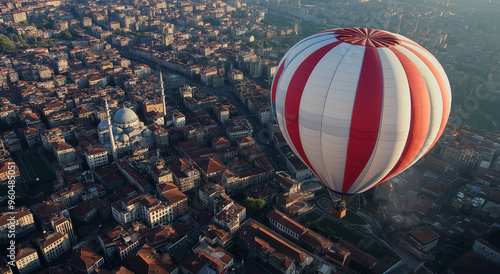 Um deslumbrante balão de ar quente com listras vermelhas e brancas é visto flutuando sobre uma extensa paisagem urbana, oferecendo uma vista aérea de tirar o fôlego com uma sensação de aventura.