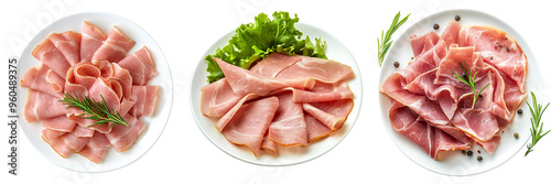  Set of Close-up of freshly sliced ham with a glossy texture on transparent background