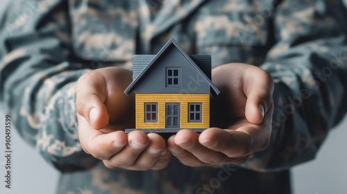 House in military man's hands, veteran home loans and mortgage concept, copy space