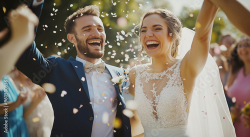 Uma noiva e um noivo alegres celebram o dia do casamento em meio a uma chuva de confetes, radiantes de felicidade e deleite. Eles estão cercados por convidados em trajes casuais, comemorando.