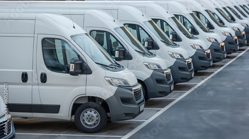 A row of white delivery vans parked neatly in a large parking area. The vans belong to a transporting service company.