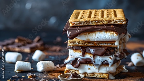 Melted S mores with Gooey Chocolate and Marshmallows on Dark Background with Copy Space