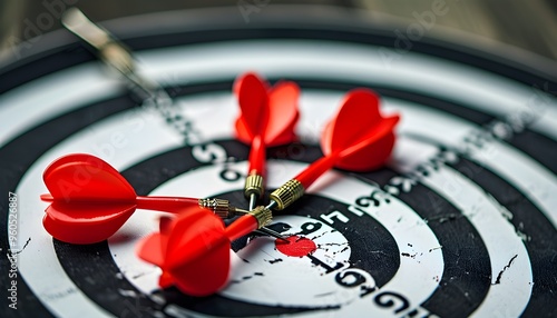 Red darts striking the bullseye on a dartboard, signifying triumph and accomplishment