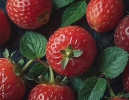 Dettaglio di fragole mature con sfumature verdi su alcune foglie. 