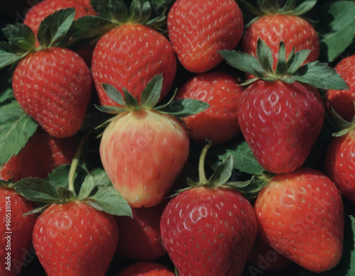 Fragole mature e succose con una fragola acerba al centro. 