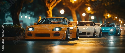 Thrilling night gathering of modified cars in the touge racing community with powerful vehicles glowing neon lights and a sense of speed and excitement on the urban streets