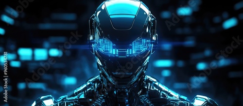 Cyborg depicted with moody blue and green 80s lighting in a front facing 3D illustration and render