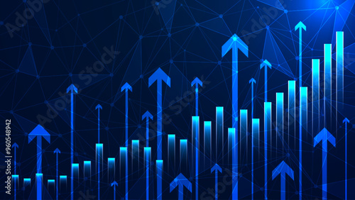 Successful financial boost and up arrow. Rising stock market economy illustration. Futuristic growth bar chart background. Profitable business concept