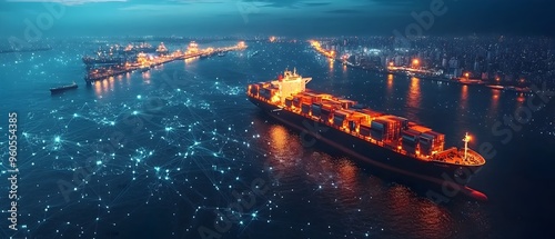 Aerial view of a bustling maritime trade hub with a container ship and cargo vessels illuminated at night showcasing the global shipping and logistics network that connects worldwide markets