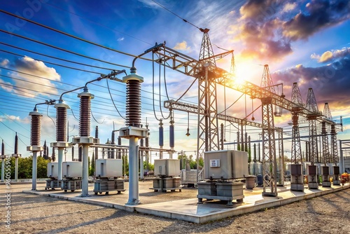 technology, high voltage, distribution, A stock photo of a high voltage electric power substation with switchgear and transmission transformers showcasing a forced perspective view