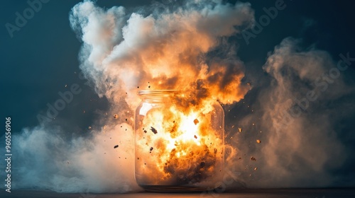 A controlled detonation occurs within a secured environment, resulting in a powerful explosion. Debris and smoke erupt dramatically from a container, showcasing the intensity and force of the blast