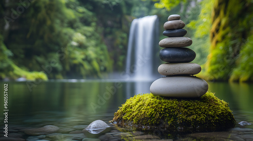 Zen Stones and Waterfall in Lush Green Forest