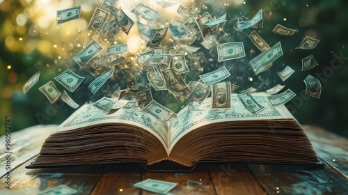  Open book releasing dollars into the air, symbolizing wealth, knowledge, and financial freedom, representing opportunities through learning and success.