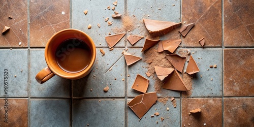 mishap, clay, fragments, coffee mug, ceramic, kitchen floor, shattered pieces,shattered, Shattered clay coffee mug lying on a kitchen floor captured from a bird s eye view perspective