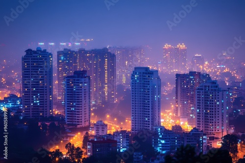 Bangalore City Skyline, India. Modern Business Landmark in Silicon Valley at Night