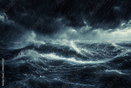 A fierce storm at sea with rain pouring down and waves crashing against the shore. background